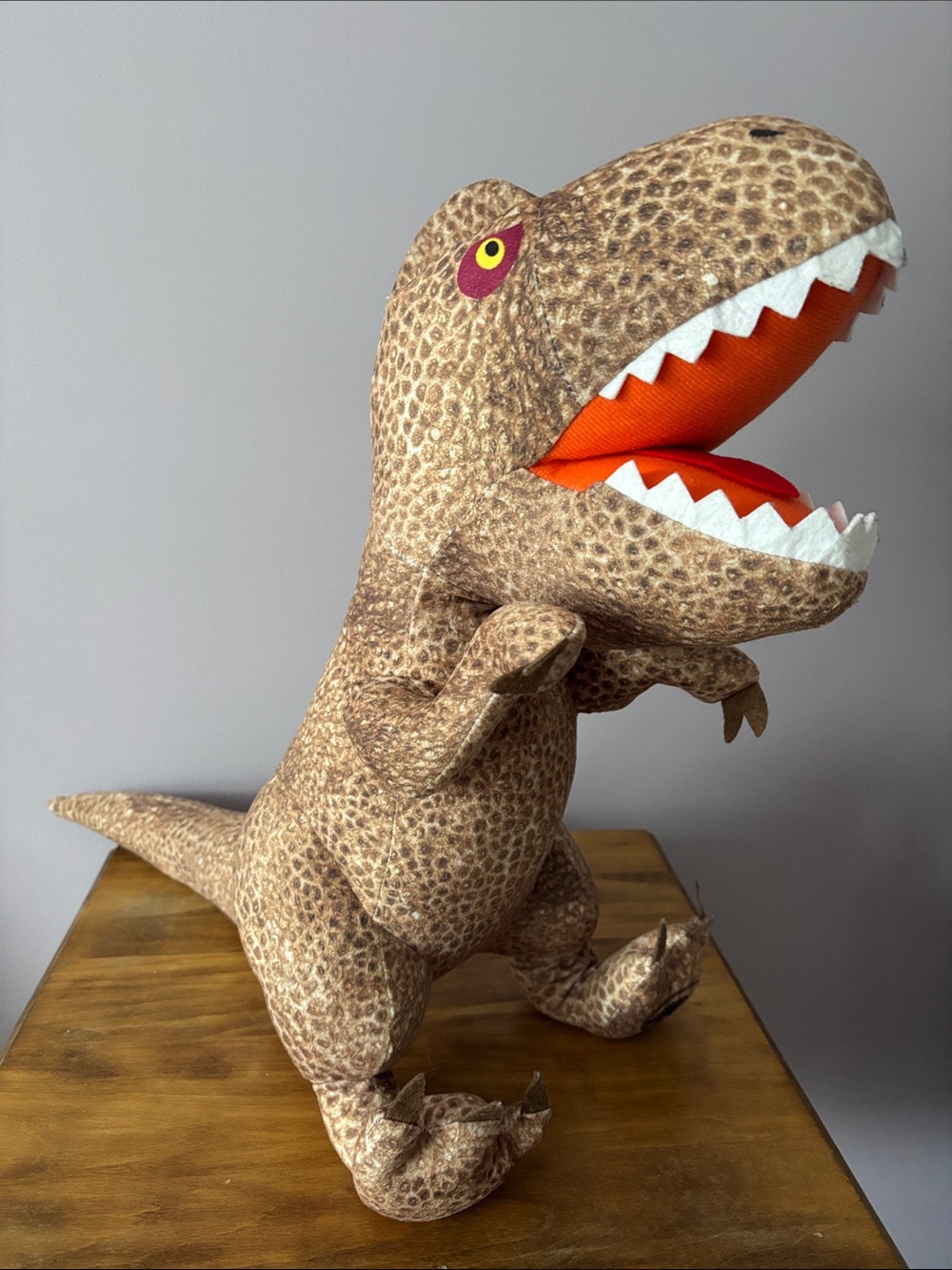 Kids Plush T‑Rex Dinosaur Toy in Brown with Orange Mouth